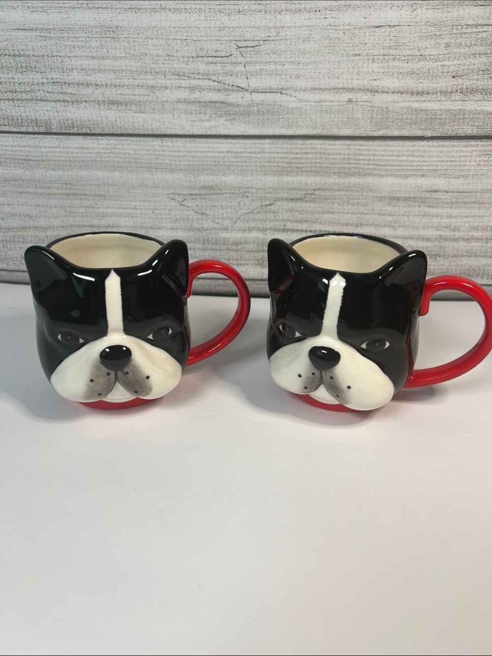 West Elm Boston Terrier Dog Mugs Set of 2 Black White Red Figural Ceramic